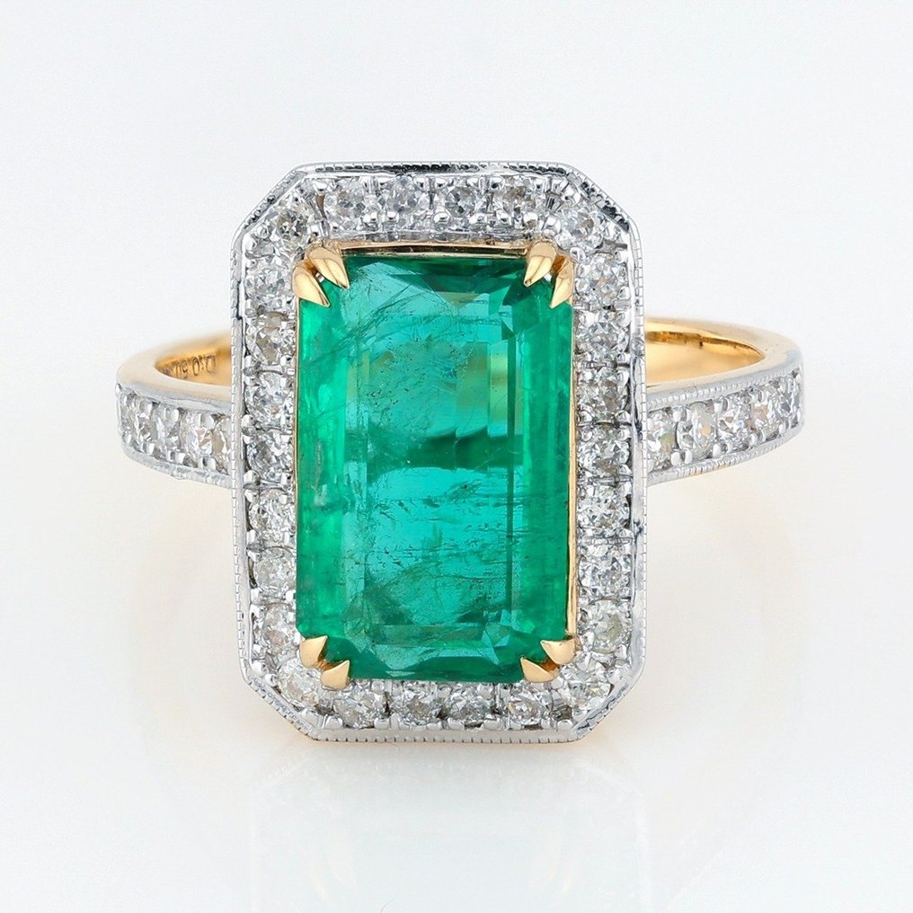 [LOTUS Certified] - (Emerald) 3.32 Cts - (Diamonds) 0.50 Cts (36) Pcs - Ring - 14 karaat Geel goud, Witgoud #1.1