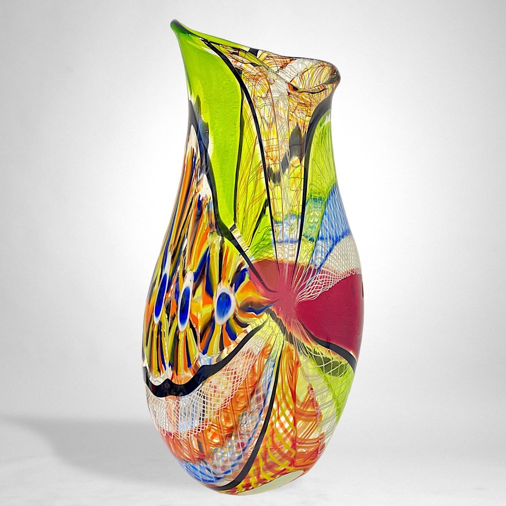Filippo Maso - Vaso -  Vaso grande multicolore con filigrana, murrine e reticello  - Vetro #2.1