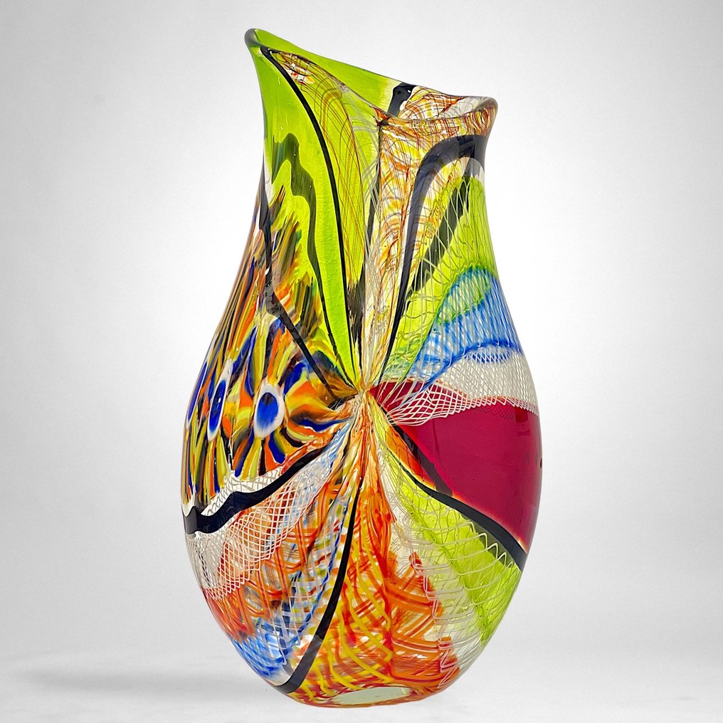 Filippo Maso - Vaso -  Vaso grande multicolore con filigrana, murrine e reticello  - Vetro #1.1