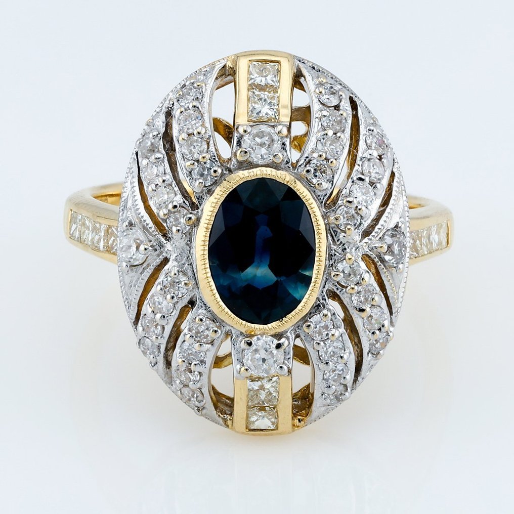 [ALGT Certified] - (Sapphire) 1.16 Carats - (Diamond) 0.83 Carats (48) Pcs - 18 kt zweifarbig - Ring #1.1