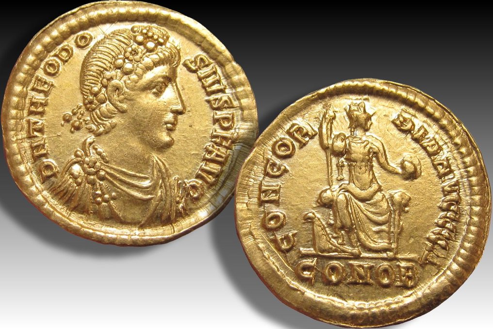 Ρωμαϊκή Αυτοκρατορία. Theodosius I (AD 379-395). Solidus Constantinople mint, 1st officina 380-381 A.D. - clear signs of double strike on reverse - #2.1