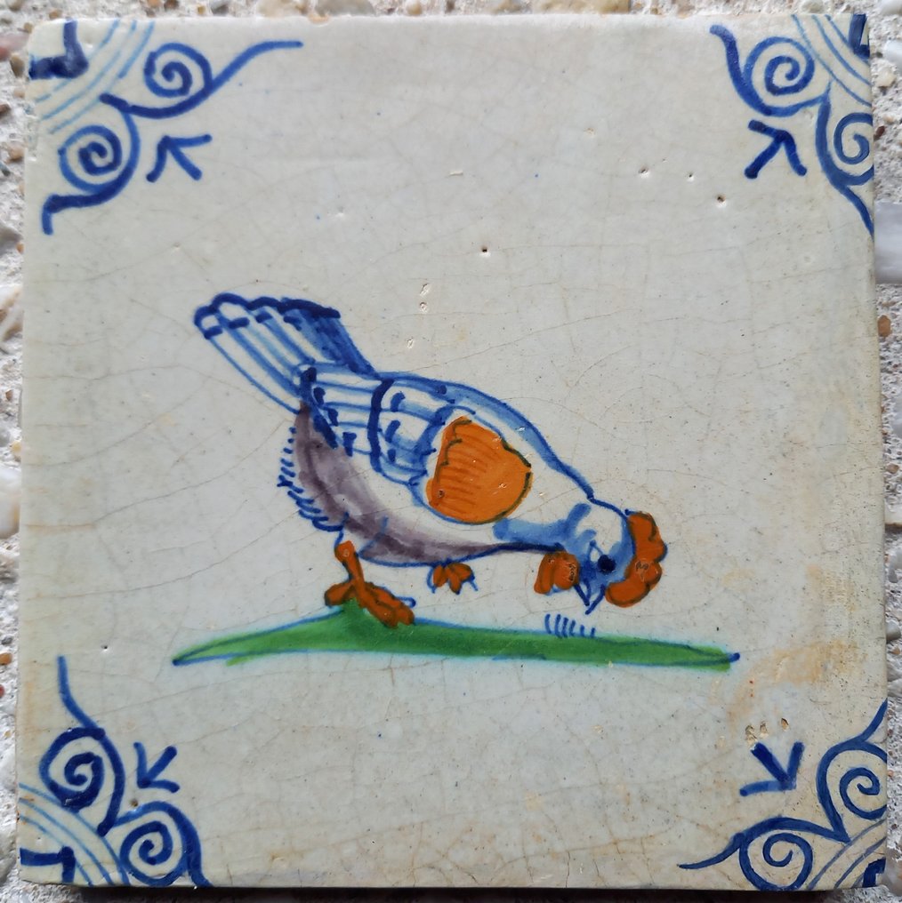 Tegel - Zeldzaam setje antieke tegels met kippen, behorend tot de zgn. Collaert serie. - 1600-1650  #2.1