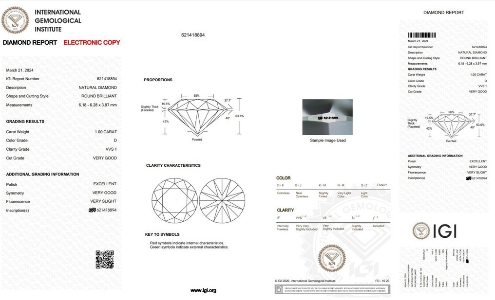 1 pcs Diamant  (Naturelle)  - 1.00 ct - Rond - D (incolore) - VVS1 - International Gemological Institute (IGI) - Couleur supérieure D #2.1