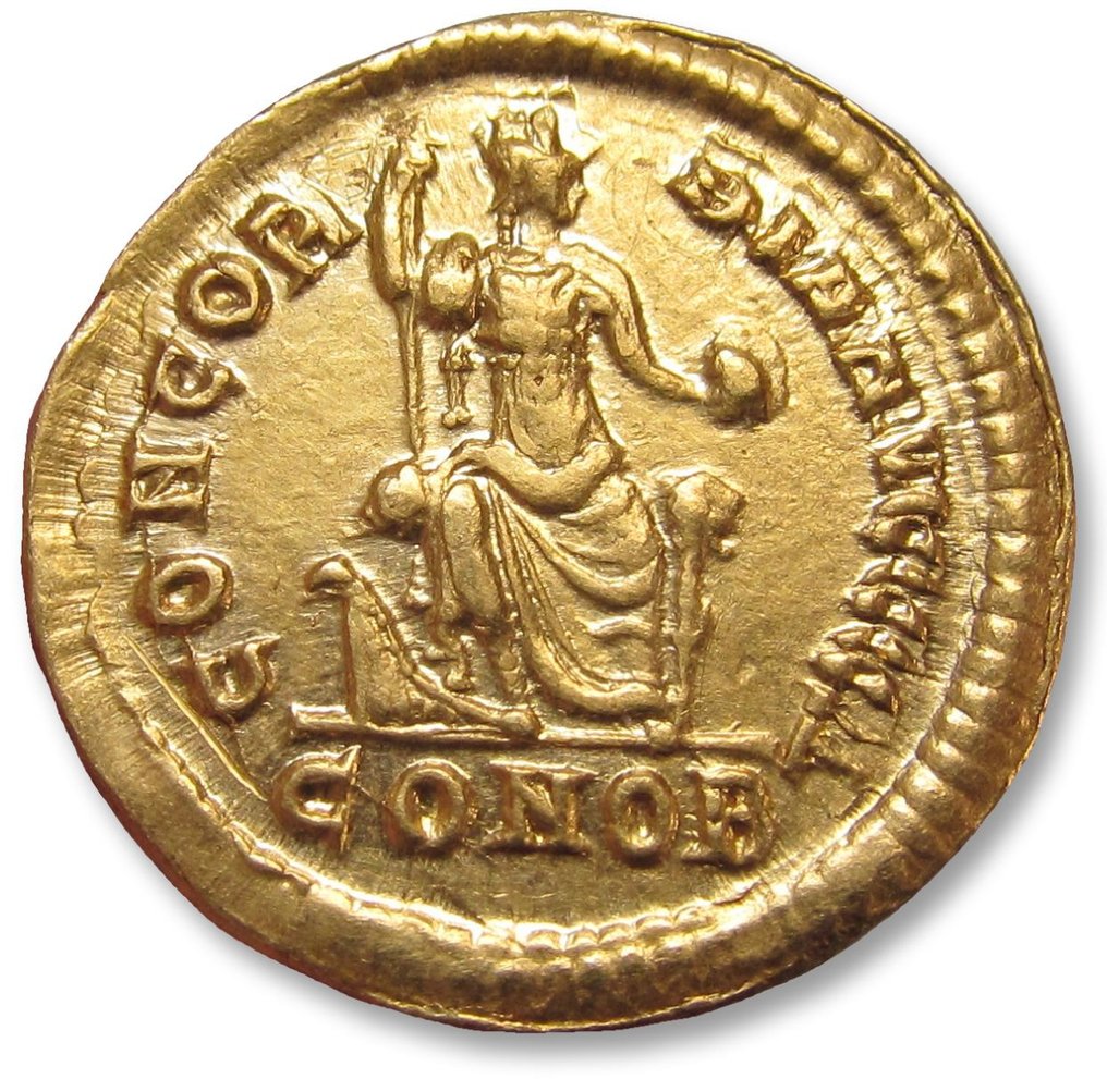 Römisches Reich. Theodosius I. (379-395 n.u.Z.). Solidus Constantinople mint, 1st officina 380-381 A.D. - clear signs of double strike on reverse - #1.2