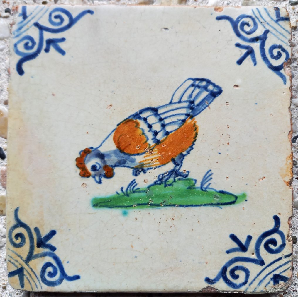 Tegel - Zeldzaam setje antieke tegels met kippen, behorend tot de zgn. Collaert serie. - 1600-1650  #2.2