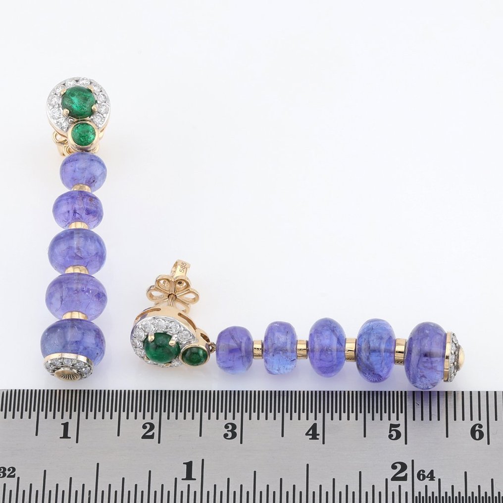 (ALGT Certified) - (Tanzanite) 25.48 Cts (10) Pcs - (Emerald) 1.11 Cts (4) Pcs -  (Diamond) 0.48 - 14 karaat Tweekleurig - Oorbellen #2.1