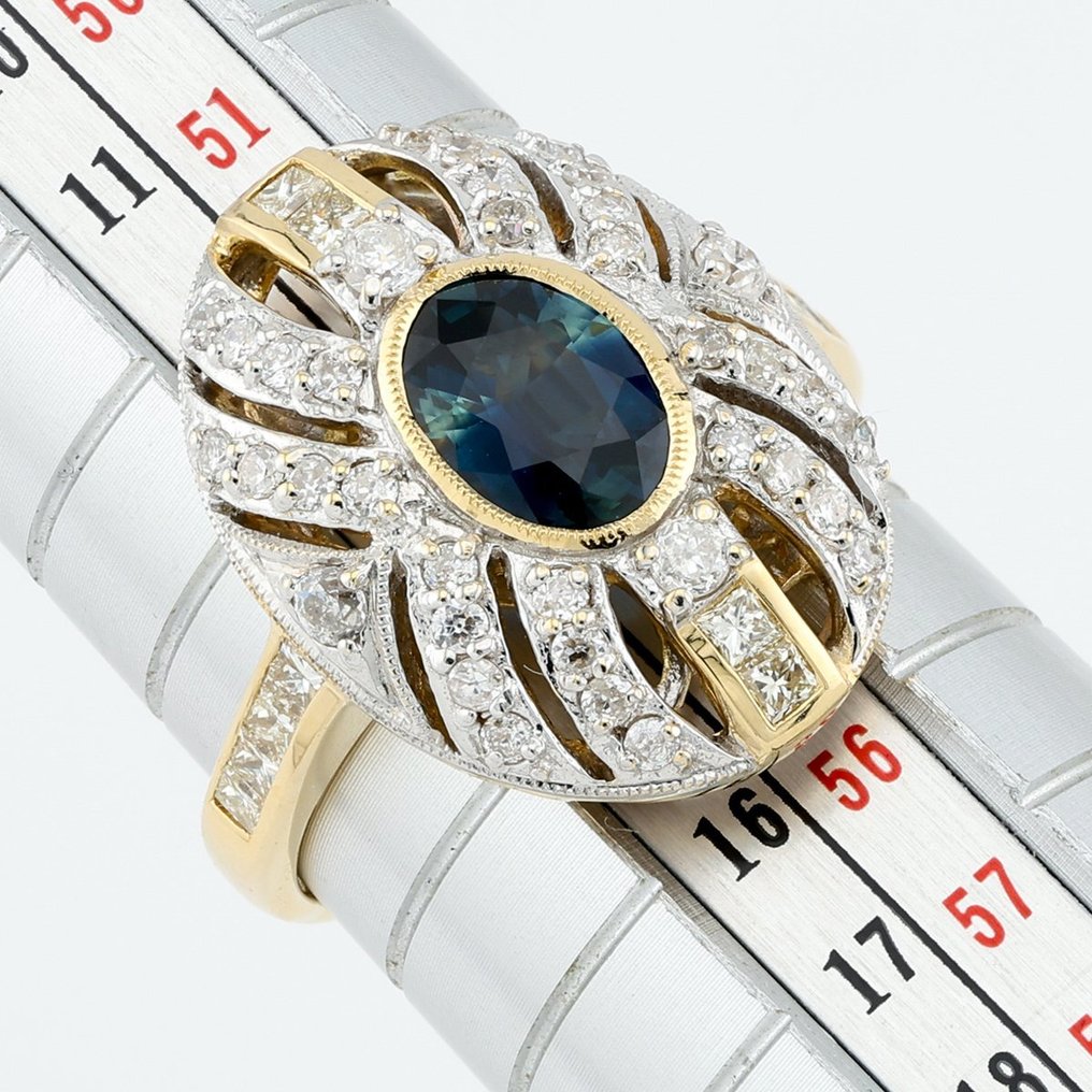 [ALGT Certified] - (Sapphire) 1.16 Carats - (Diamond) 0.83 Carats (48) Pcs - 18 kt. Kétszínű - Gyűrű #2.1