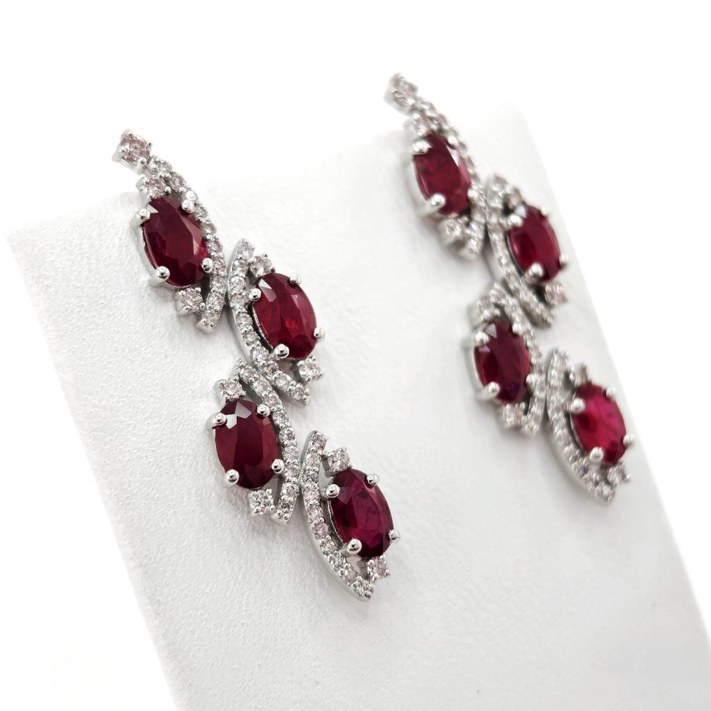 4.00 ct Red Ruby & 1.00 ct N.Fancy Pink Diamond Earrings - 4.92 gr - 耳环 - 14K包金 白金 红宝石 #2.1