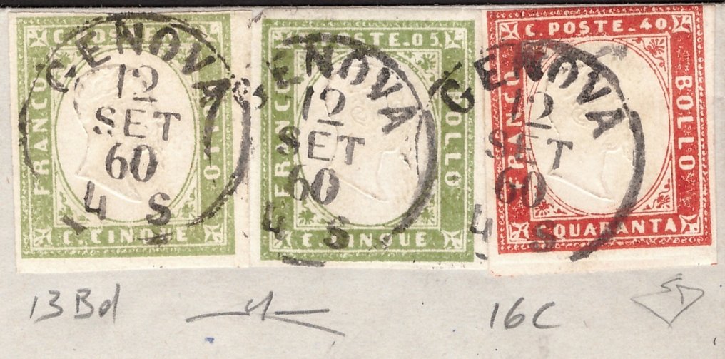 Italienska forntida stater - Sardinien 1860 - Brev från Genua med 2 x 5 c. 13Bd och 40c. 16C - Sassone N. 13Bd 16C #1.1