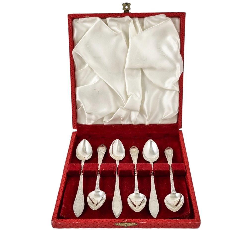 I. Bronee (1904) - Set of 6 Danish silver long bright-cut teaspoons, boxed - Κουταλάκι του γλυκού (6) -  #1.2