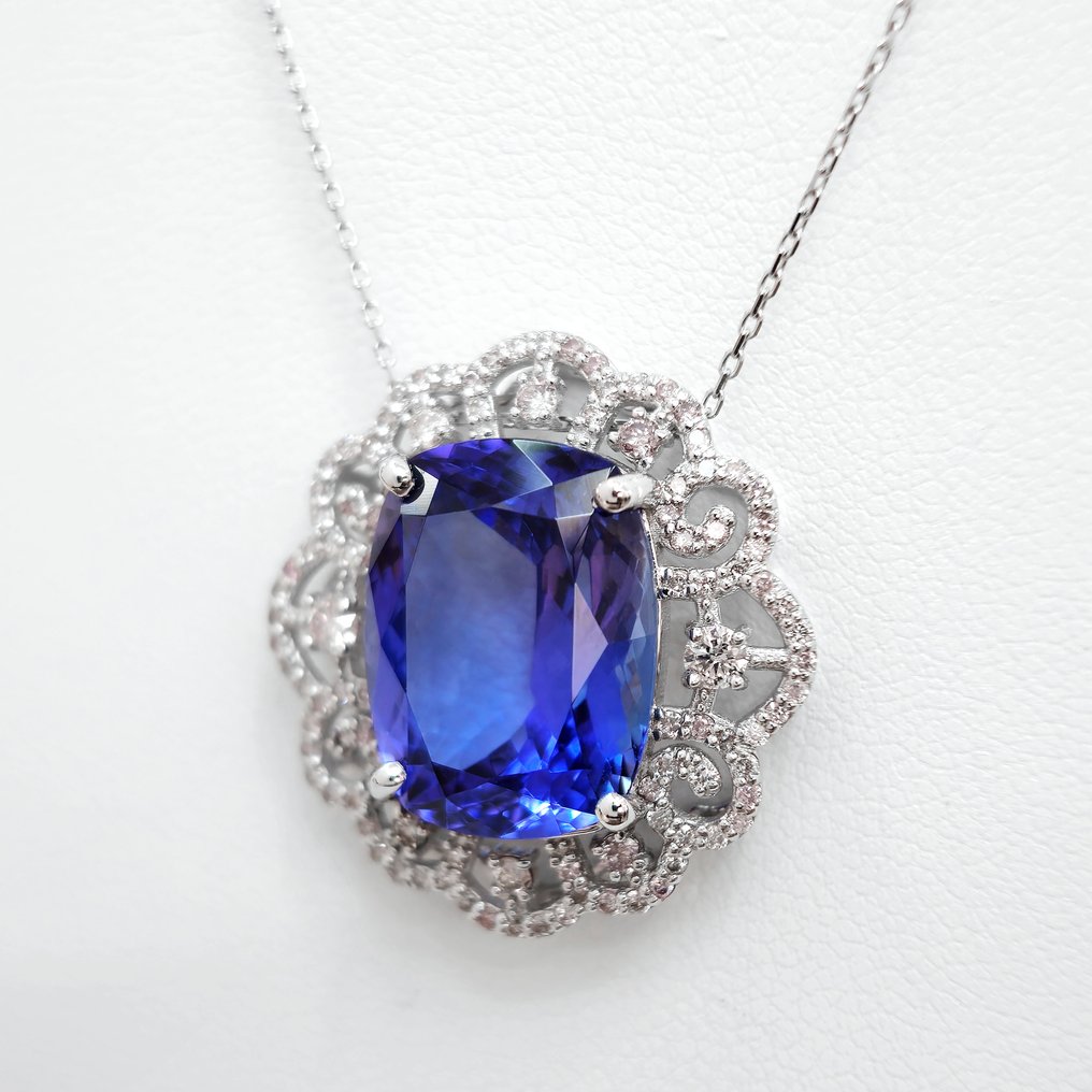 Necklace with pendant - 14 kt. White gold Tanzanite - Diamond #1.2