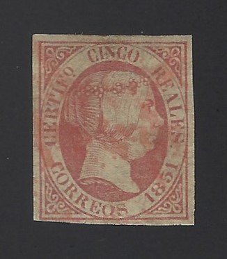 Spanien 1851 - 5 Reales Isabel II rødt edderkop poststempel - Edifil nº 9 #1.1