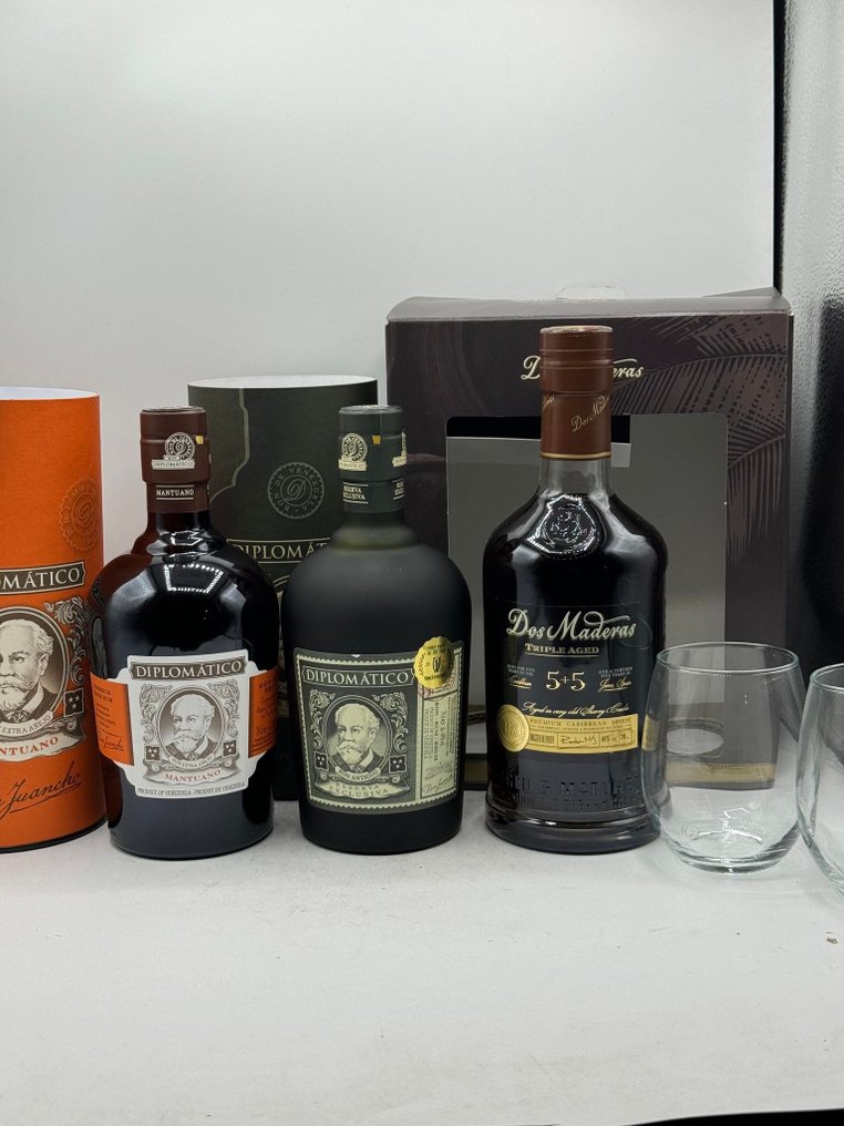 Diplomático - Mantuano + Reserva Exclusiva + Dos Maderas 5+5 with glasses - 70厘升 - 3 瓶 #1.1