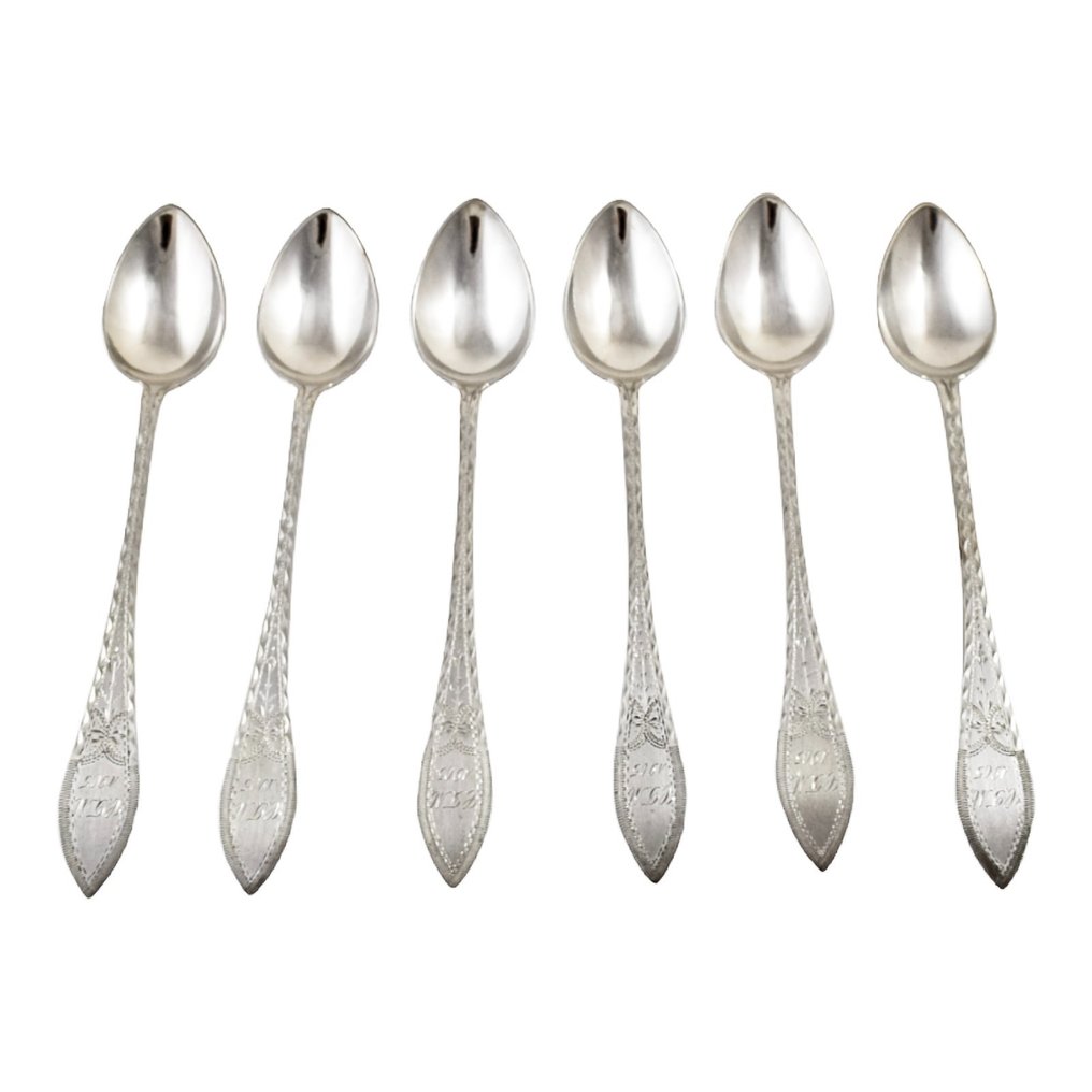 I. Bronee (1904) - Set of 6 Danish silver long bright-cut teaspoons, boxed - Teske (6) -  #2.1