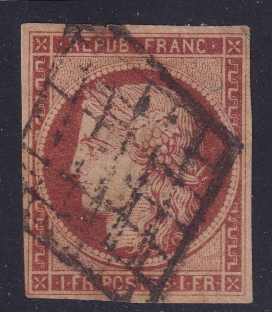 法国 1849 - Cérès，6B 号，1fr 胭脂红棕色取消，签有小牛和谢勒。微小的缺陷。结核病 - Yvert #1.1