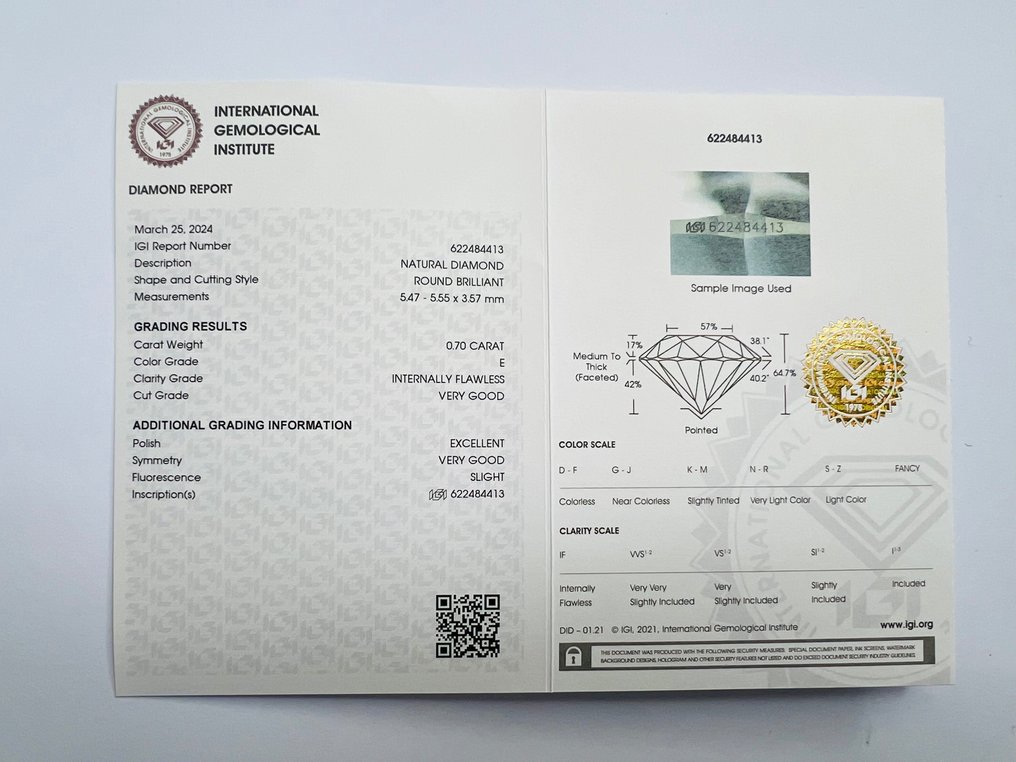 1 pcs Diamant  (Natural)  - 0.70 ct - E - IF - IGI (Institutul gemologic internațional) #2.1