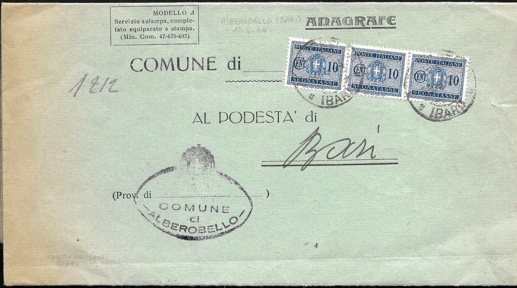 Königreich Italien 1934 - STEUERZAHLUNGEN WAPPEN UND FASCI - SASSONE T35 #1.1