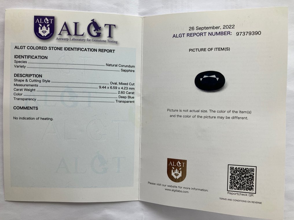 Utan reservationspris - 1 pcs  Blå Safir  - 2.60 ct - Antwerp Laboratory for Gemstone Testing (ALGT) #3.2