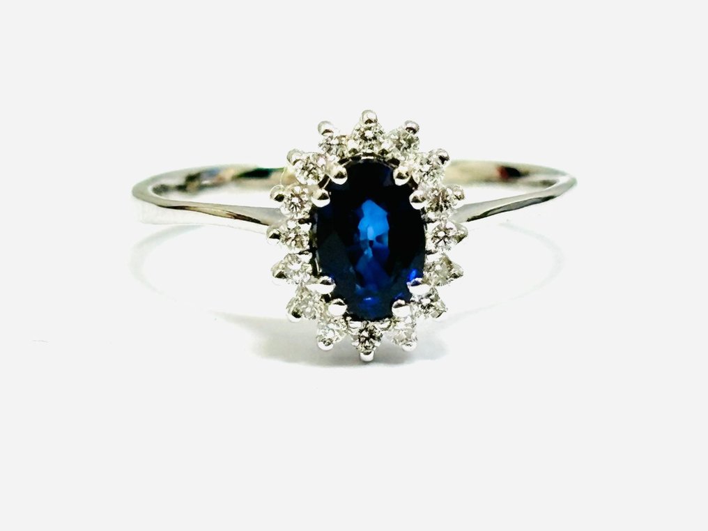 戒指 - 18K包金 白金 -  1.12 tw. 蓝宝石 - 钻石  #1.1
