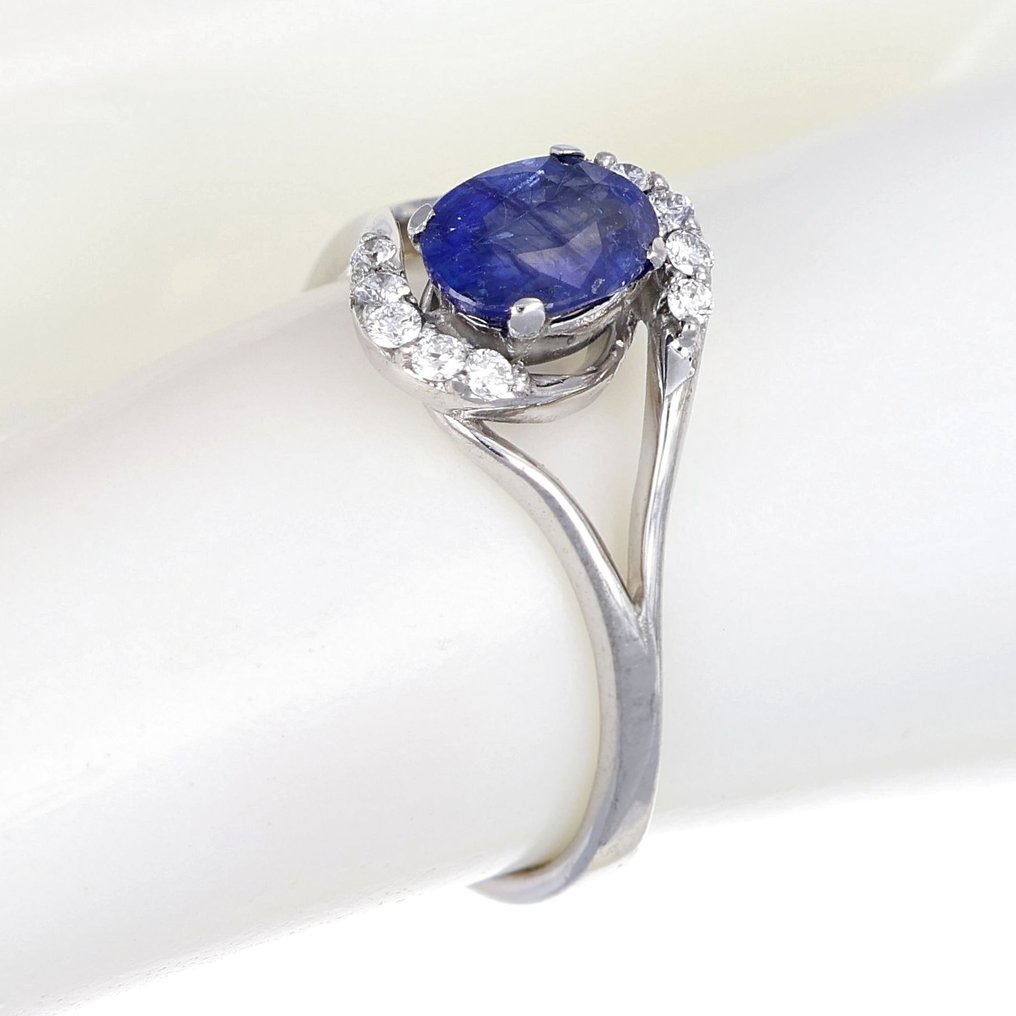 戒指 - 18K包金 白金 -  0.17 tw. 钻石  (天然) - 蓝宝石  #1.2