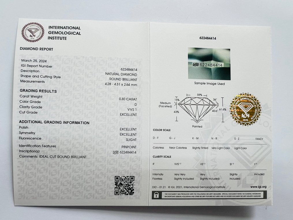 没有保留价 - 1 pcs 钻石  (天然)  - 0.30 ct - D (无色) - VVS1 极轻微内含一级 - 国际宝石研究院（IGI） - 3x 理想剪裁 #2.1
