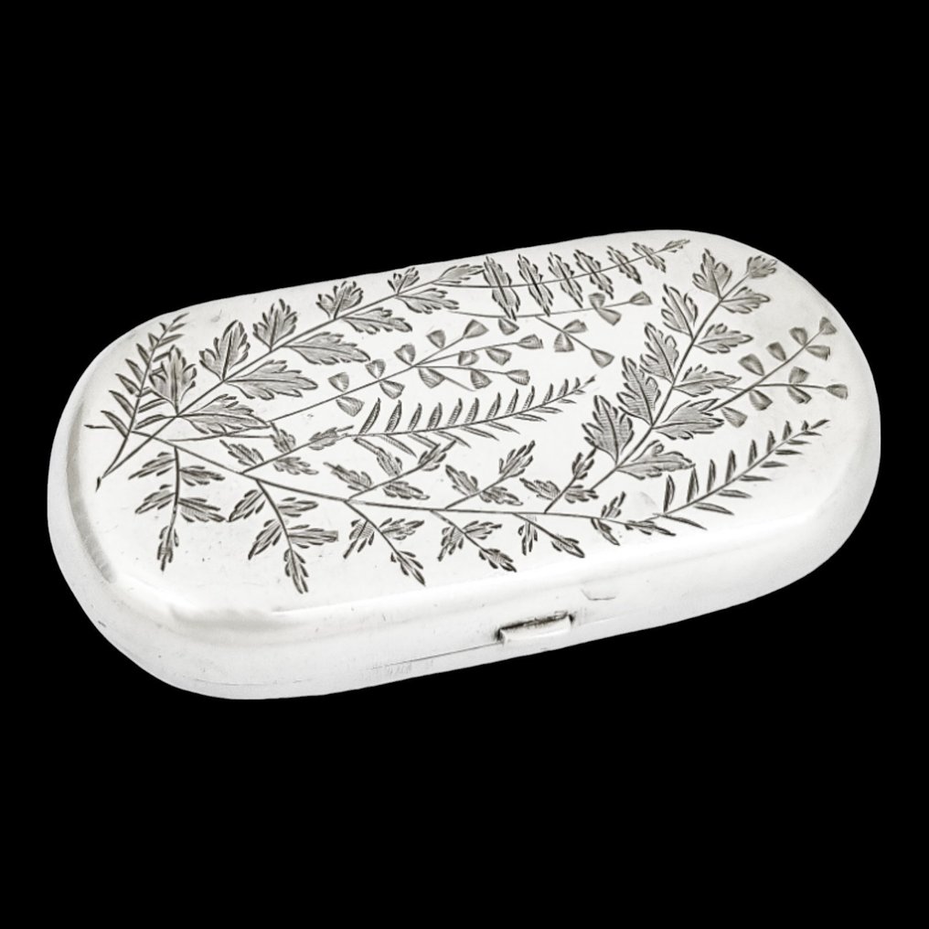 Colen Hewer Cheshire (1881) - Sterling silver cigar case / minaudière purse engraved with fern foliage and lined with blue moiré - Zigarrenetui - Seide, Silber #1.1