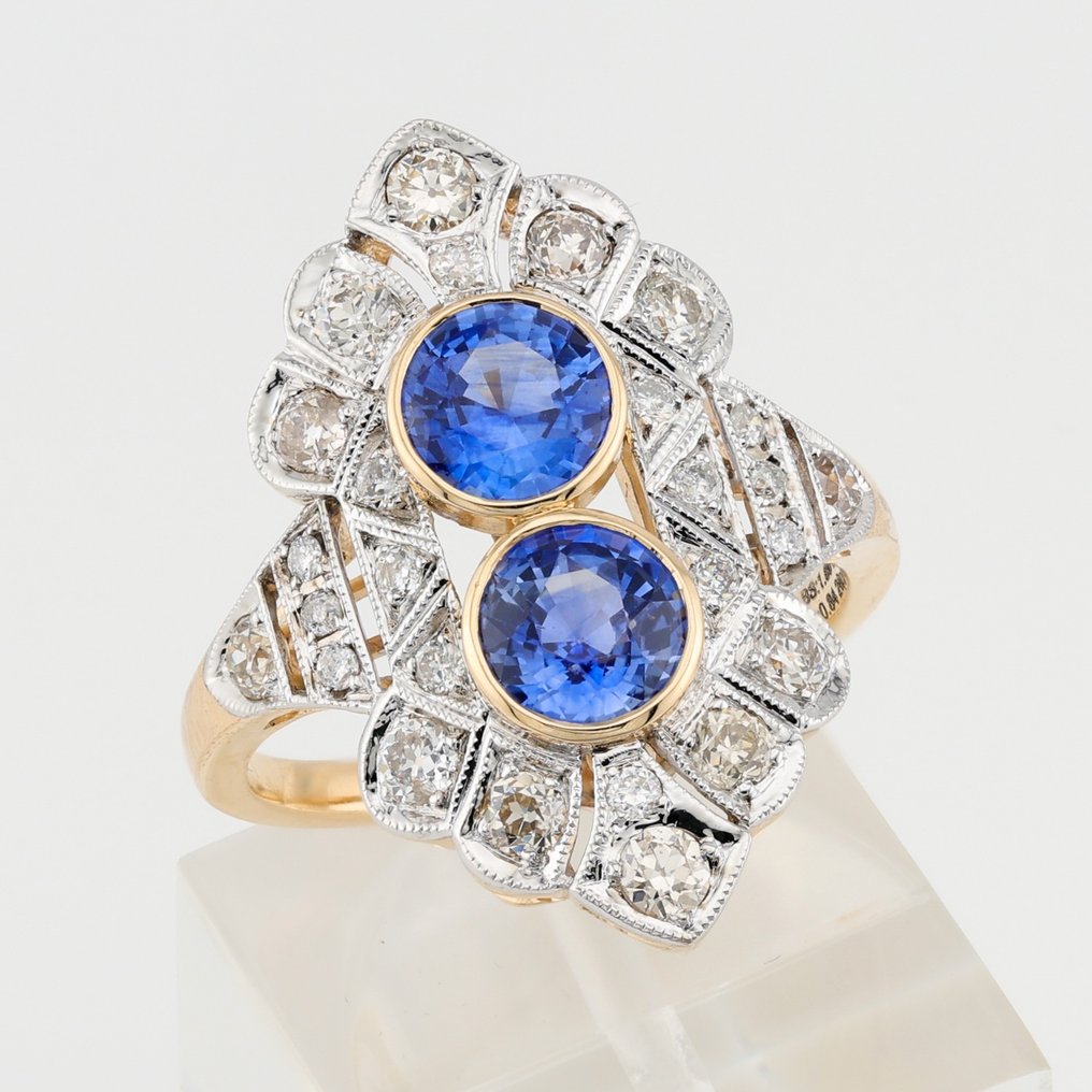 [GIA Certified]-Sapphires (1.80) Cts Diamond (0.84) Cts (26) Pcs - Bague - 14 carats Or blanc, Or jaune #1.2