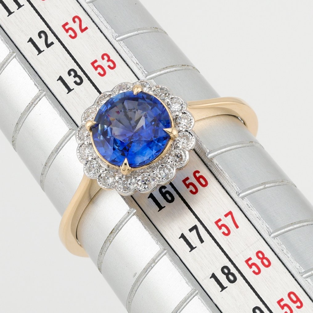 [GIA Certified]-Sapphire (1.26) Cts Diamond (0.20) Cts (16) Pcs - Ring - 14 karaat Geel goud, Witgoud #2.1