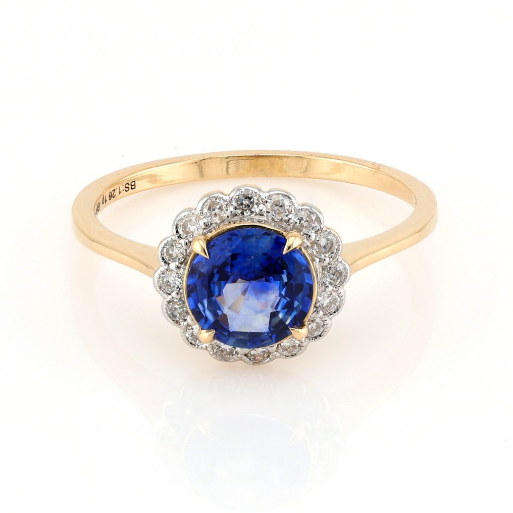 [GIA Certified]-Sapphire (1.26) Cts Diamond (0.20) Cts (16) Pcs - Ring - 14 karaat Geel goud, Witgoud #1.2