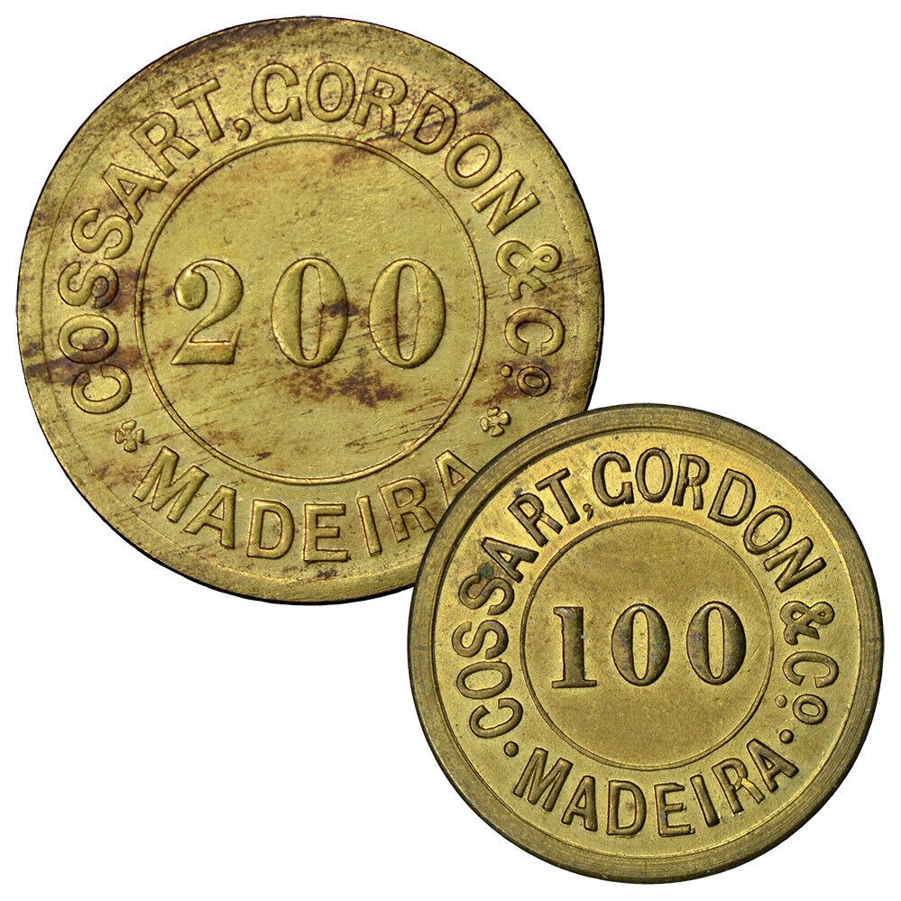 马德拉群岛. 2 Tokens 100 / 200 Reis (1902) Cossart Gordon & Co. #1.1