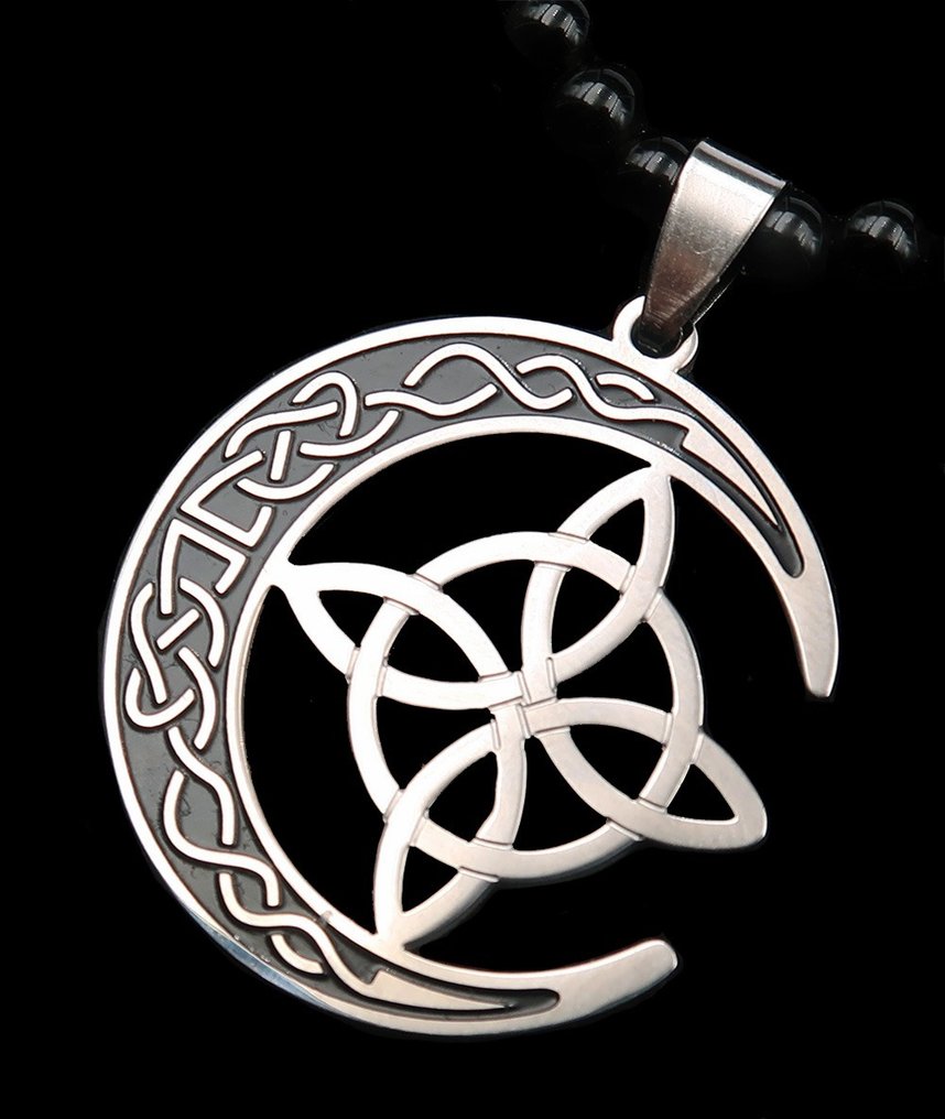 黑曜石 - 巫师结与月亮：对抗邪恶的魔法保护 - 扣子，银色珠子 - 吊坠项链 #2.1