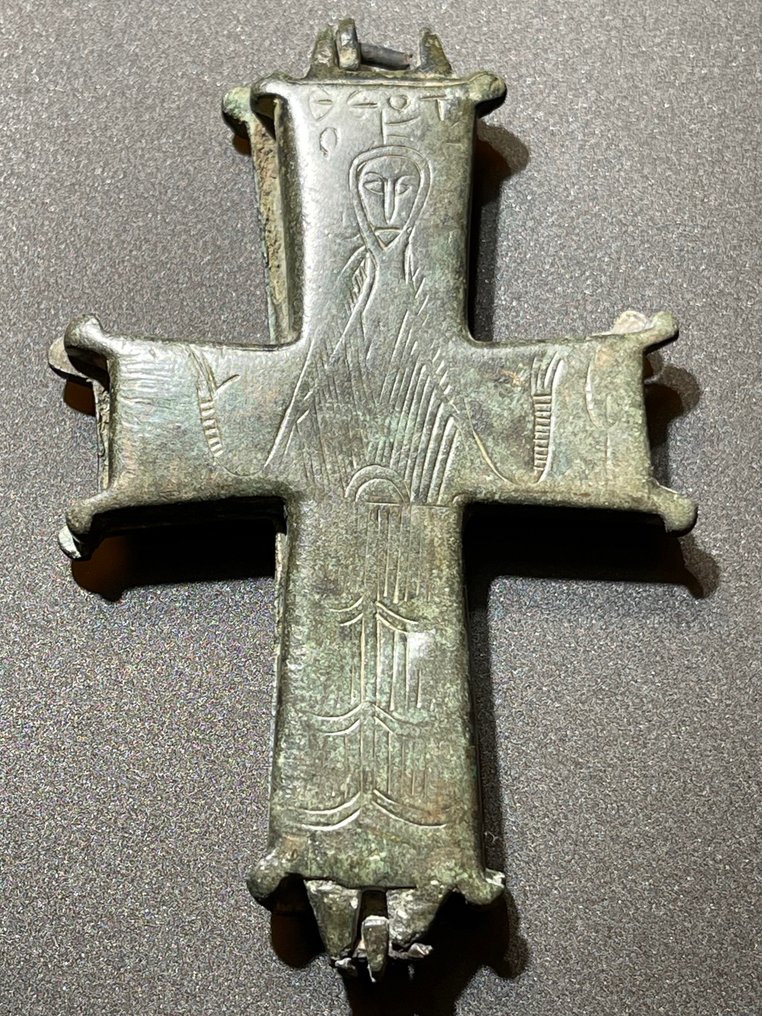 Byzantin Bronze Croix encolpion-reliquaire extrêmement rare avec une image de la Vierge Marie Orans-Theotokos #1.2