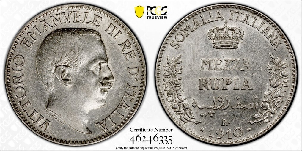 Italienisch-Somaliland. Vittorio Emanuele III. di Savoia (1900-1946). 1/2 Rupia 1910 PCGS AU55 #1.1