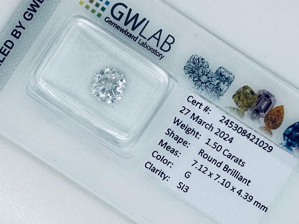 1 pcs Diament  (Naturalny)  - 1.50 ct - okrągły - G - SI3 (z nieznacznymi inkluzjami) - Gemewizard Gemological Laboratory (GWLab) #2.2