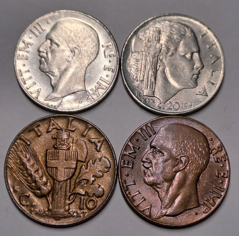 Italy, Kingdom of Italy. Vittorio Emanuele III di Savoia (1900-1946). Lotto 4 monete con errori 1943 2° tipo, 20 centesimi 1941 impero  (No Reserve Price) #1.1