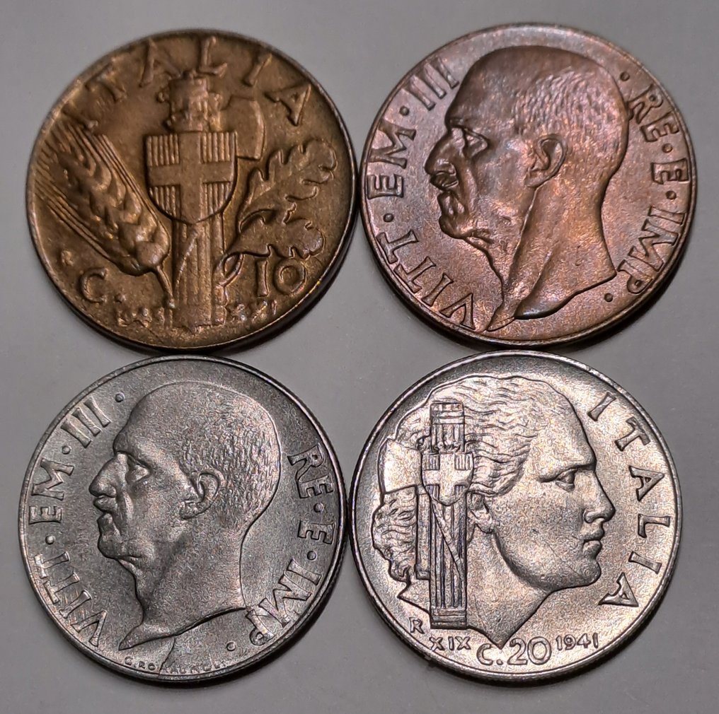 Italy, Kingdom of Italy. Viktor Emmanuel III av Italia (1900-1946). Lotto 4 monete con errori 1943 2° tipo, 20 centesimi 1941 impero  (Ingen reservasjonspris) #1.2