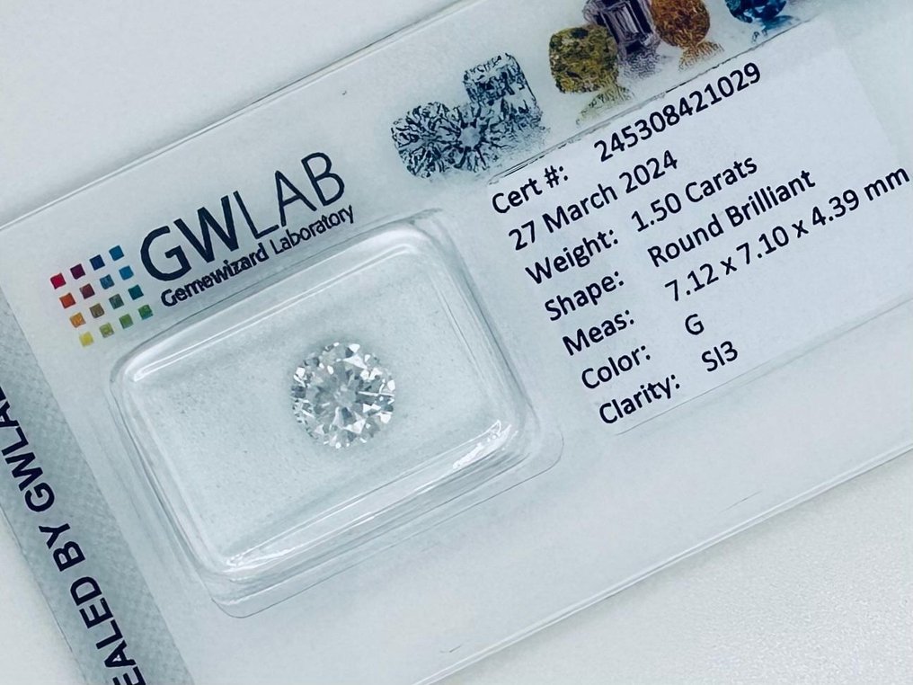 1 pcs Diament  (Naturalny)  - 1.50 ct - okrągły - G - SI3 (z nieznacznymi inkluzjami) - Gemewizard Gemological Laboratory (GWLab) #2.1