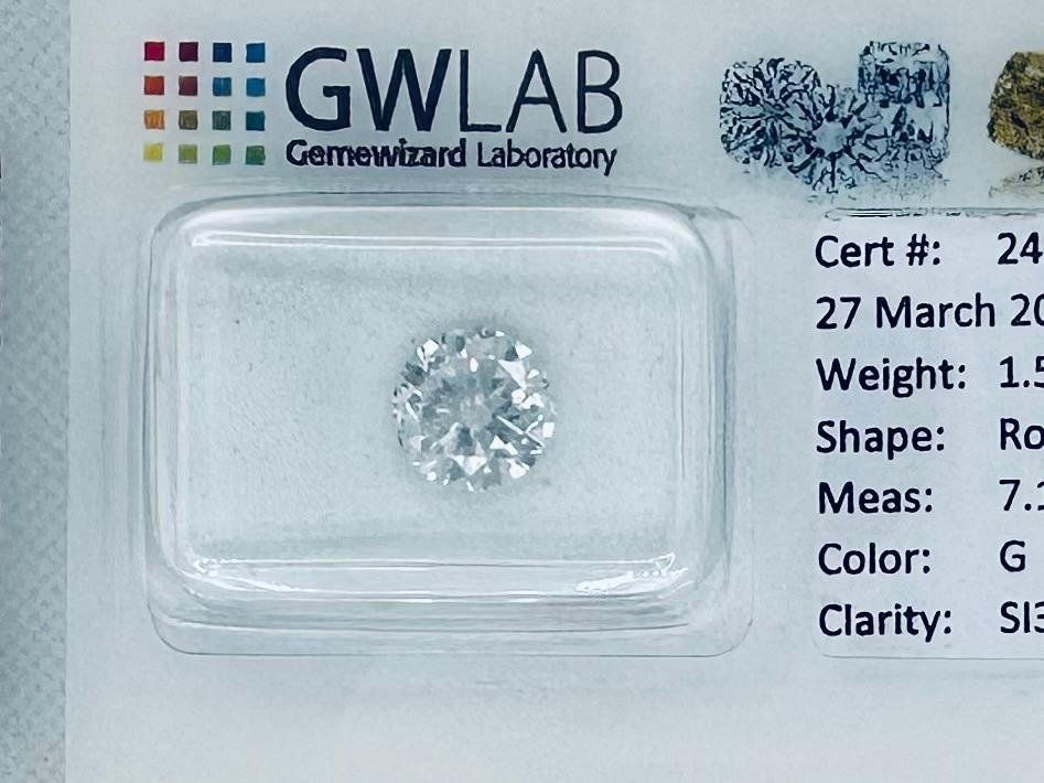 1 pcs Diament  (Naturalny)  - 1.50 ct - okrągły - G - SI3 (z nieznacznymi inkluzjami) - Gemewizard Gemological Laboratory (GWLab) #1.1