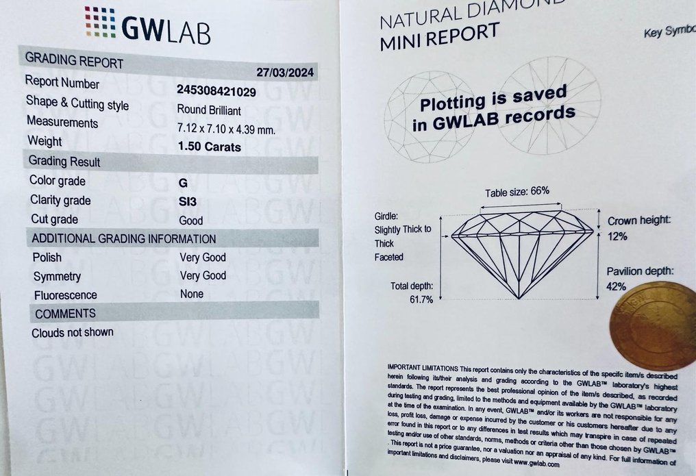 1 pcs Diament  (Naturalny)  - 1.50 ct - okrągły - G - SI3 (z nieznacznymi inkluzjami) - Gemewizard Gemological Laboratory (GWLab) #3.1