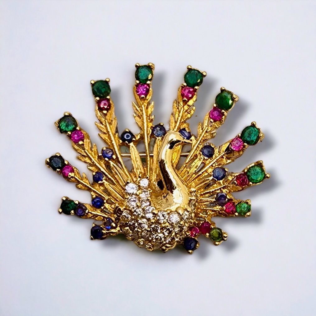 Anhänger Antik / Vintage 18k erstaunliche Goldbrosche Schwan mit Diamanten, Rubinsmaragden, Saphiren - Rubin #2.1