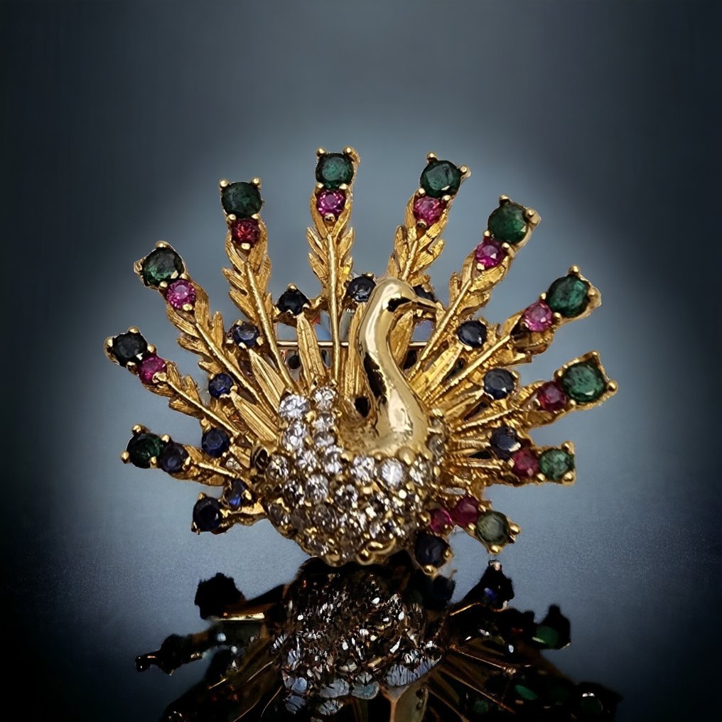 Hänge Antik / Vintage 18k Amazing Gold brosch Svan med diamanter, Ruby's Emeralds Sapphires - Rubin #1.1