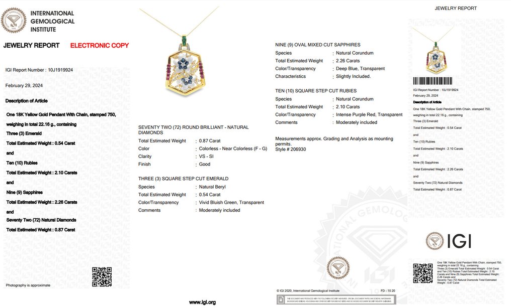IGI Certificate - 5.77 total carat of diamonds, sapphires, rubies and emerald - 頸鏈 黃金 鉆石  (天然) - 藍寶石  #2.1