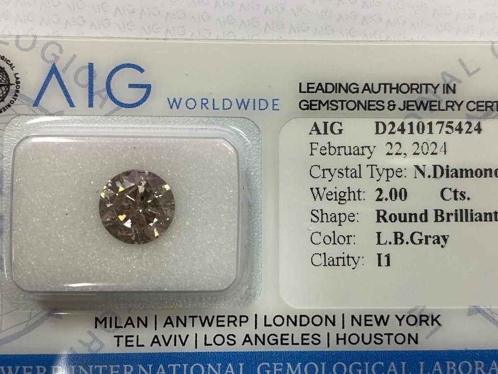 1 pcs Diamond  (Natural coloured)  - 2.00 ct - Round - Light Brownish Grey - I1 - Antwerp International Gemological Laboratories (AIG Milan) #2.2