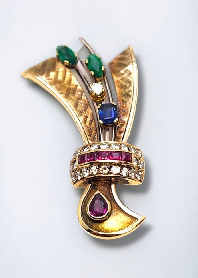 Spilla Spilla vintage in oro 18 carati con diamanti, rubini e zaffiri #2.1