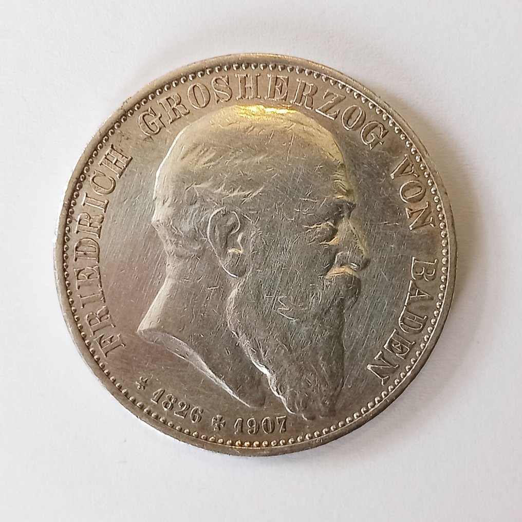 德国， 巴登, 德国， 帝国. Friedrich II., 1907-1918. 5 Mark 1907 G, mit Datum #2.1