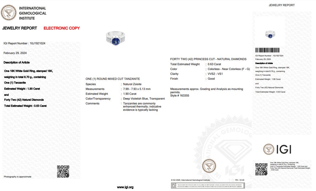 IGI Certificate - 2.53 total carat of tanzanite and diamonds - Ring Hvitt gull Tanzanitt - Diamant #2.1