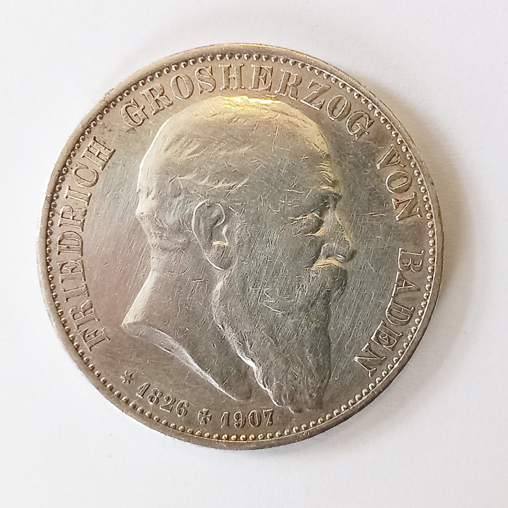 德国， 巴登, 德国， 帝国. Friedrich II., 1907-1918. 5 Mark 1907 G, mit Datum #1.1