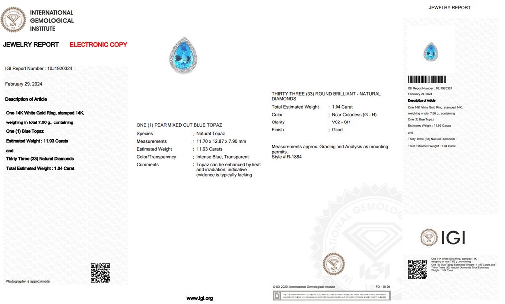 IGI Certificate - 12.97 total carat of topaz and diamonds - Ring Vittguld Topas - Diamant #2.1