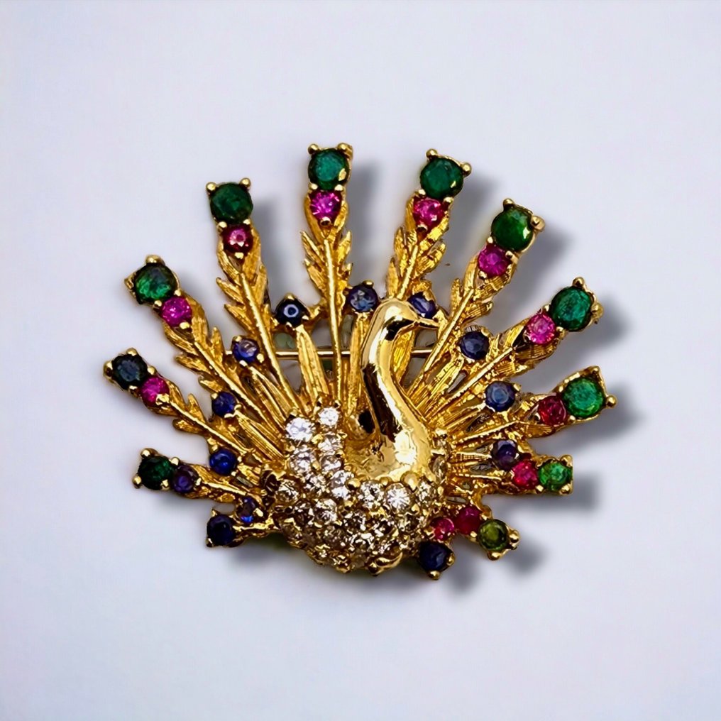 Pendant Antique / Vintage 18k Amazing  Gold brooch Swan  with Diamonds, Ruby's  Emeralds  Sapphires - Ruby #1.2