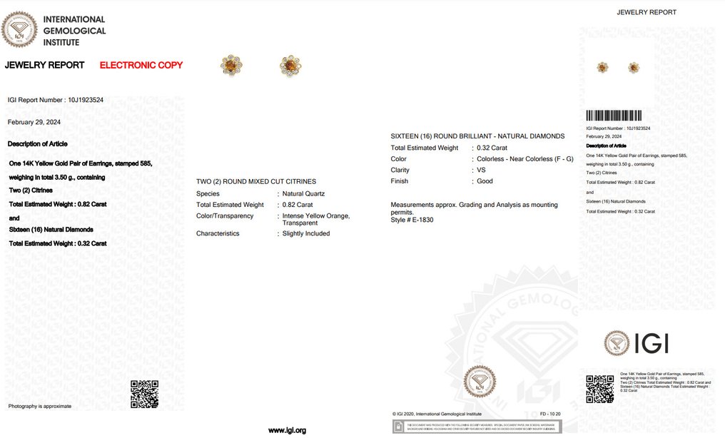 IGI Certificate - 1.14 total carat of quartz and diamonds - Drop fülbevaló Sárga arany Quartz - Gyémánt #2.1